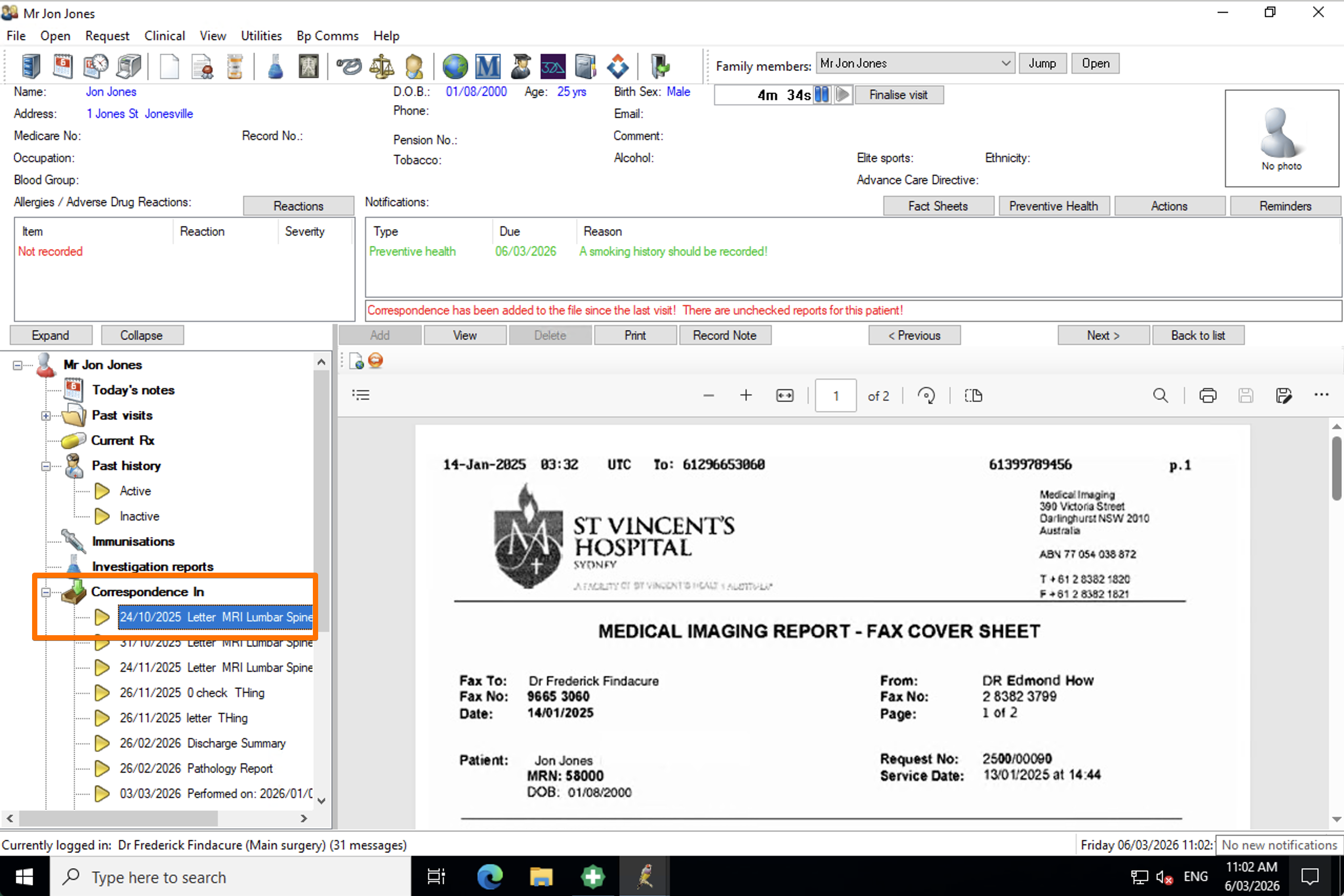 Best Practice patient record showing a document added under Correspondence in