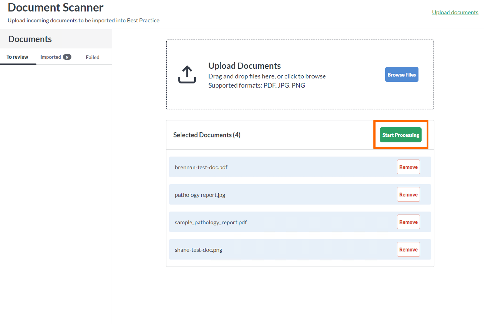 The Document Assistant screen showing the Start Processing button
