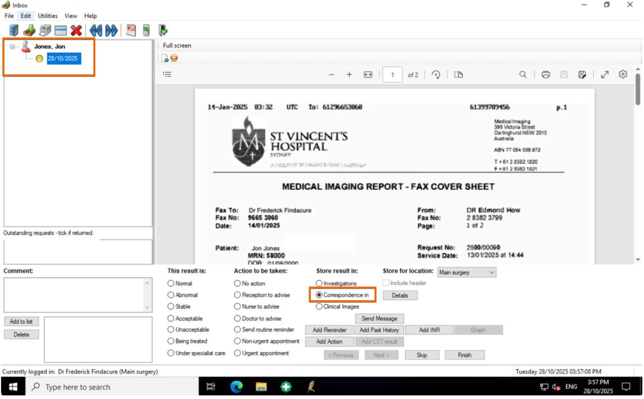 Best Practice Doctor's Inbox showing a document imported as Correspondence